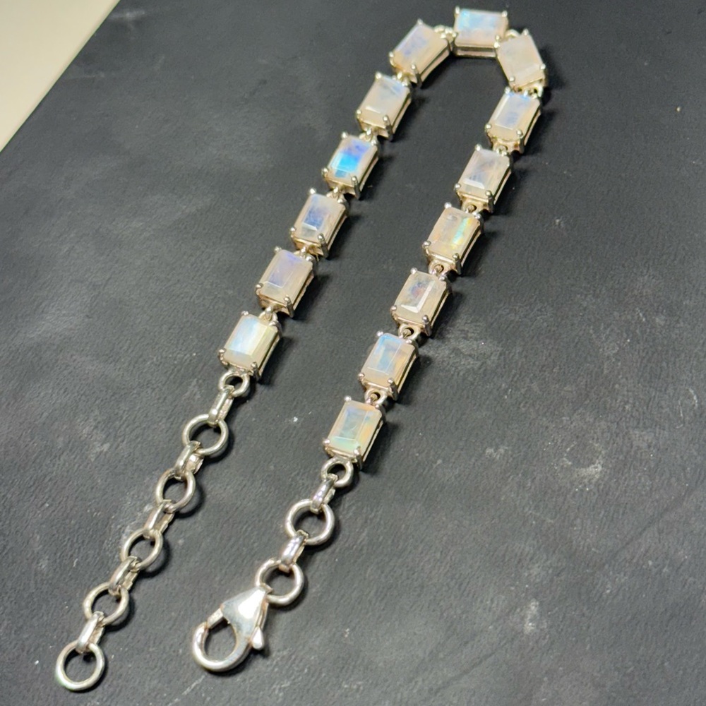 Handmade 925 Sterling Silver Rainbow Moonstone Bracelet 8.2” Adjustable